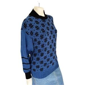 VTG 80s High Neck Drop Sleeve Hashtag Plus Sign Knit Sweater Blue Black SZ 6